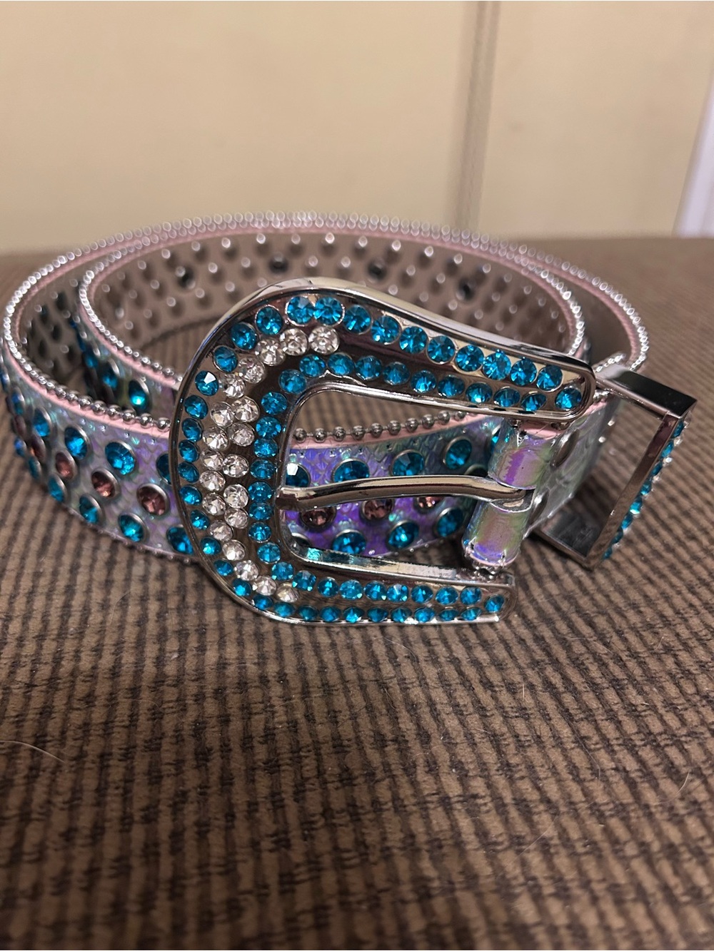 Iridescent Rhinestone Western Belt with Blue and Clear Stones